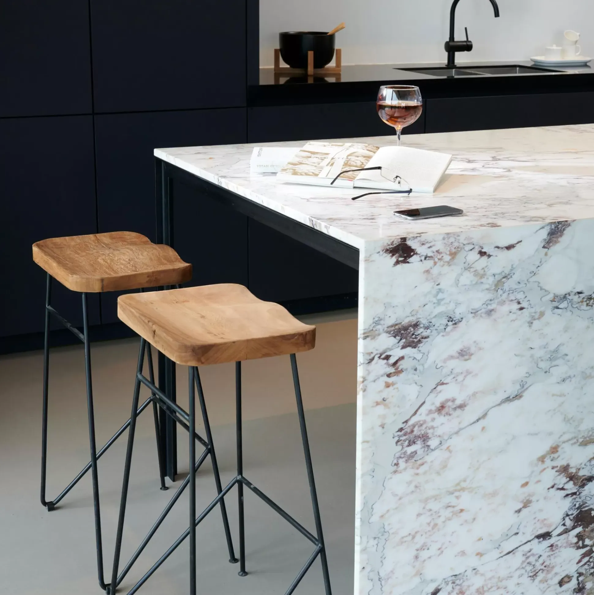 Teak Taburete Bar Negro, Natural